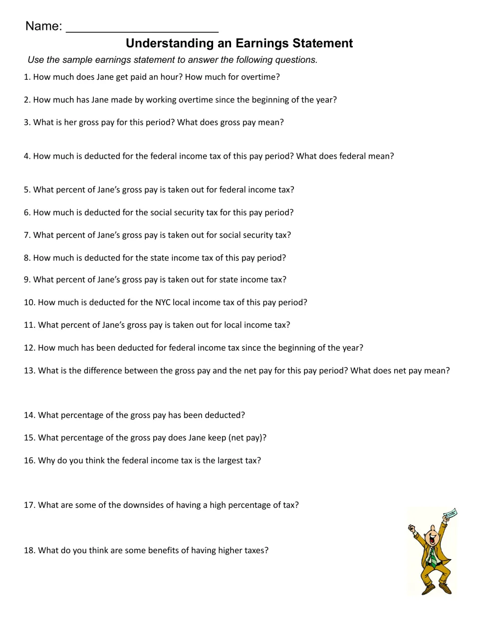 Understanding an Earnings Statement: students answer 18 questions on gross vs. net pay and percent of pay taken for taxes
