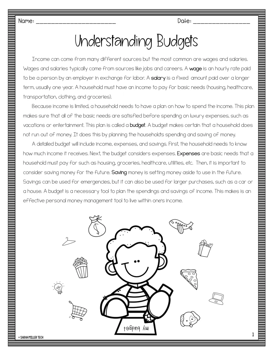 Understanding Budgets Reading Packet passage explaining wages, salaries, household expenses, and savings