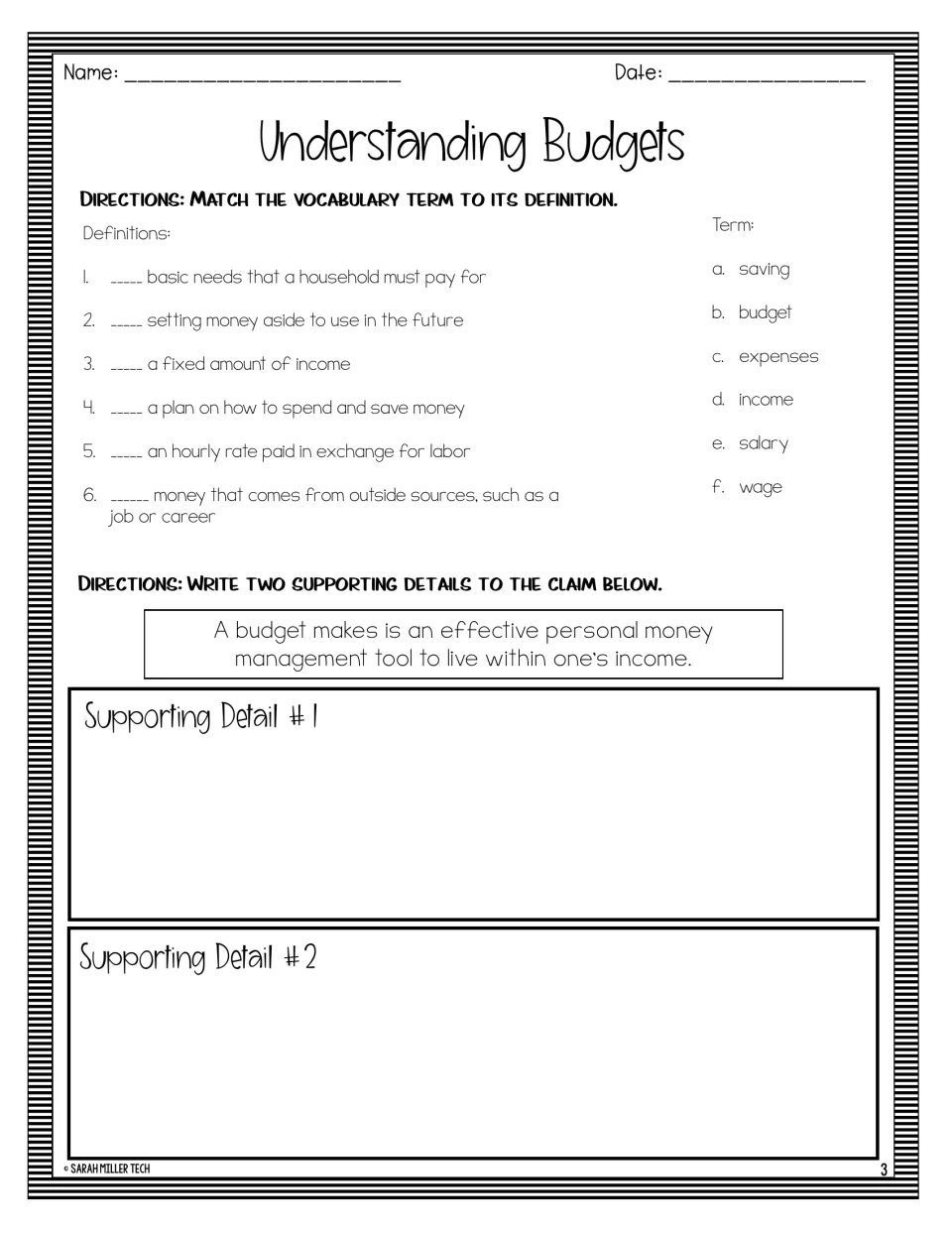 Budget vocabulary activity matching six terms to definitions and requesting two details supporting a claim