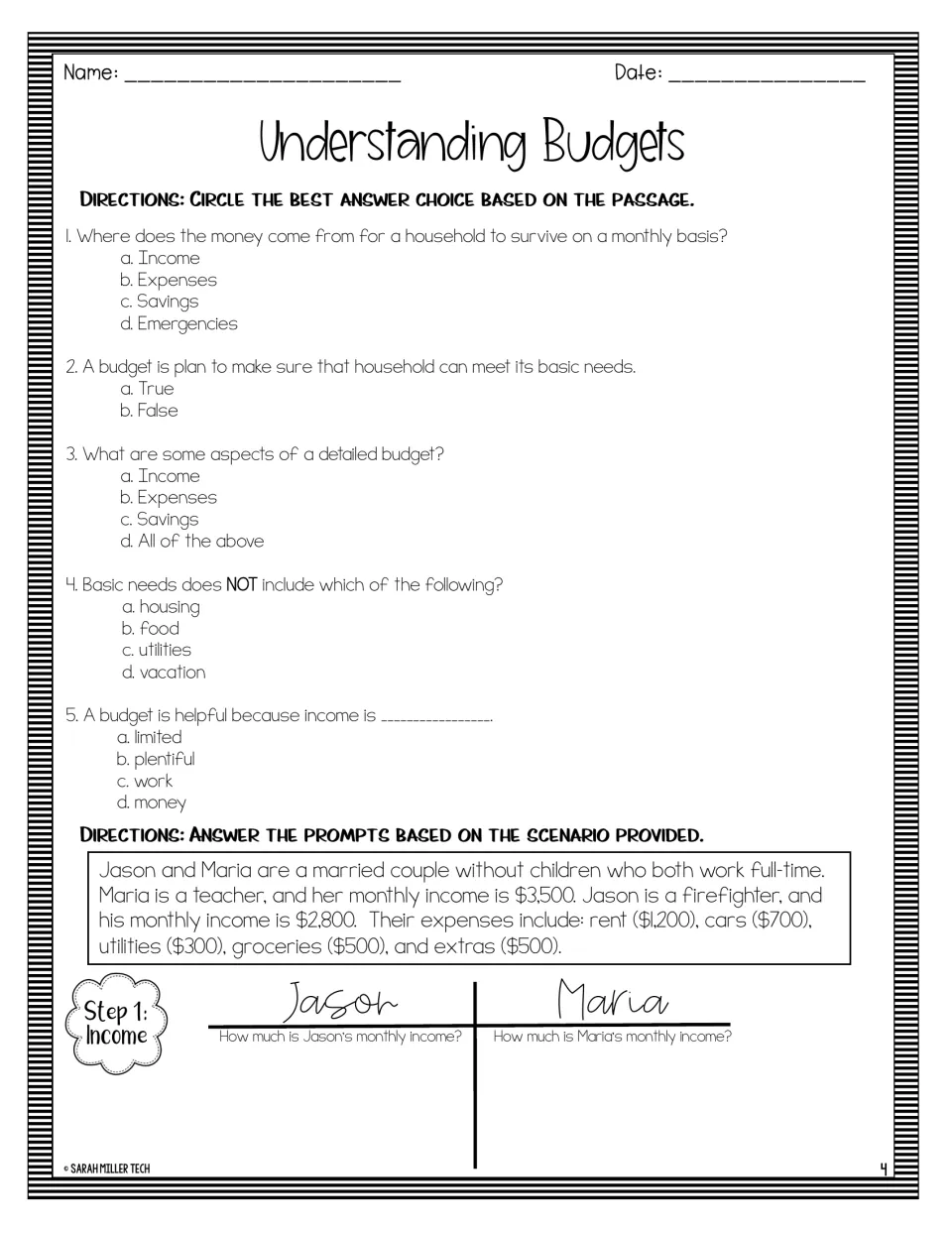Five budget comprehension questions and a scenario giving Maria's $3,500 income and Jason's $2,800 income