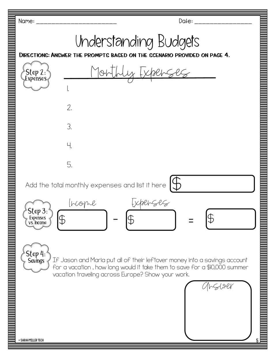 Budget scenario continuation asking for total expenses, income minus expenses, and time to save $10,000