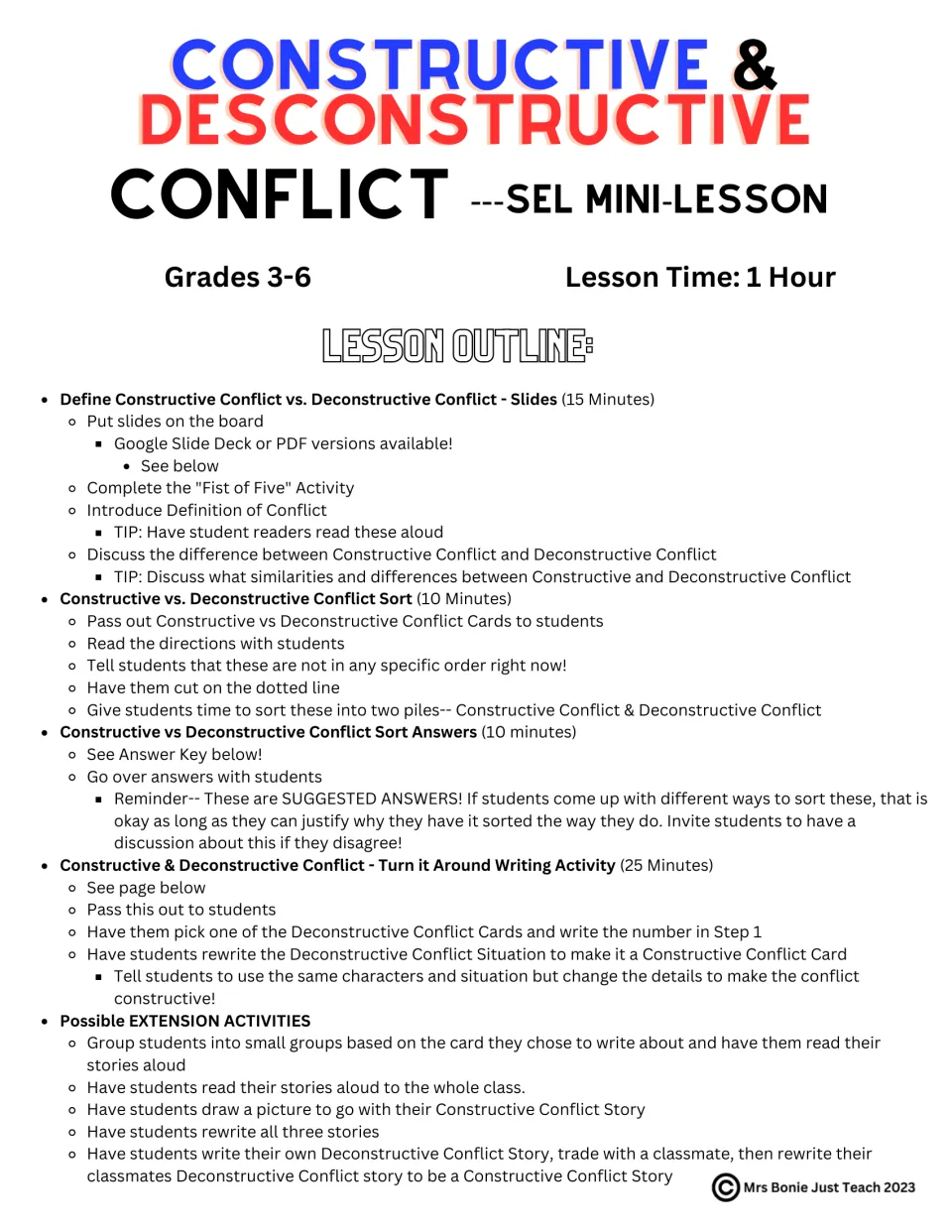 Constructive and deconstructive conflict lesson outline: timed steps for slides, card sort, answers and a rewrite activity