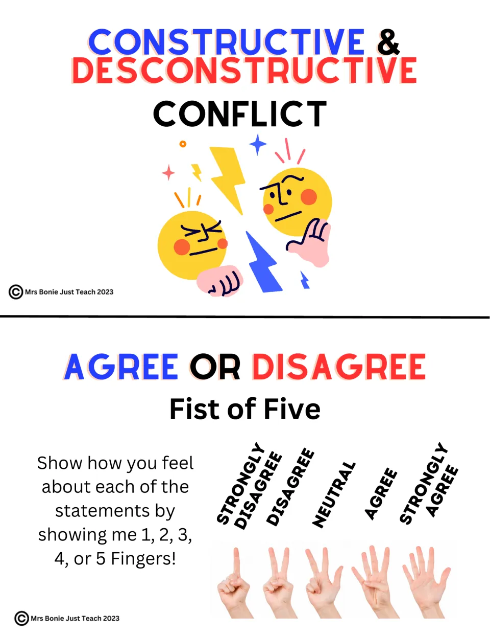 Conflict title slide and Fist of Five slide: students show 1 to 5 fingers to agree or disagree with statements