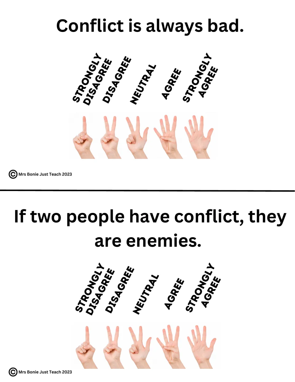 Fist of Five slides on conflict: students rate 'Conflict is always bad' and 'If two people have conflict, they are enemies'