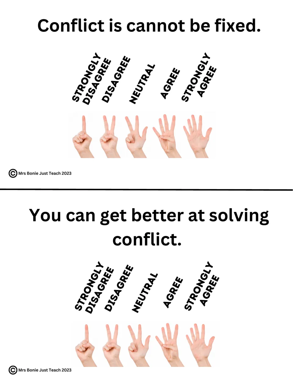 More Fist of Five slides: students rate 'Conflict is cannot be fixed' and 'You can get better at solving conflict'