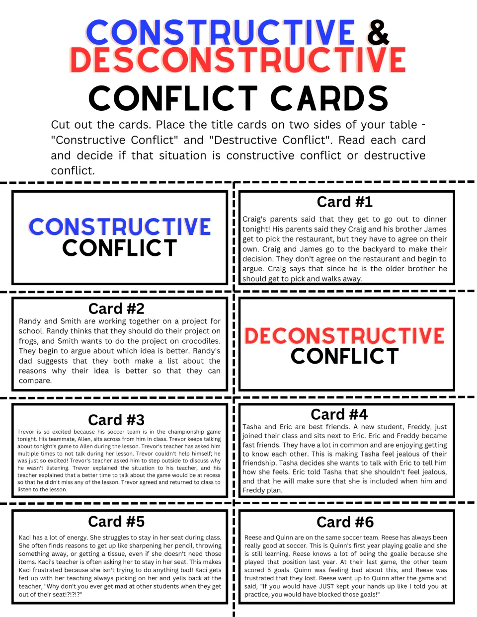 Conflict sorting cards: students cut out six scenario cards and decide if each is constructive or deconstructive