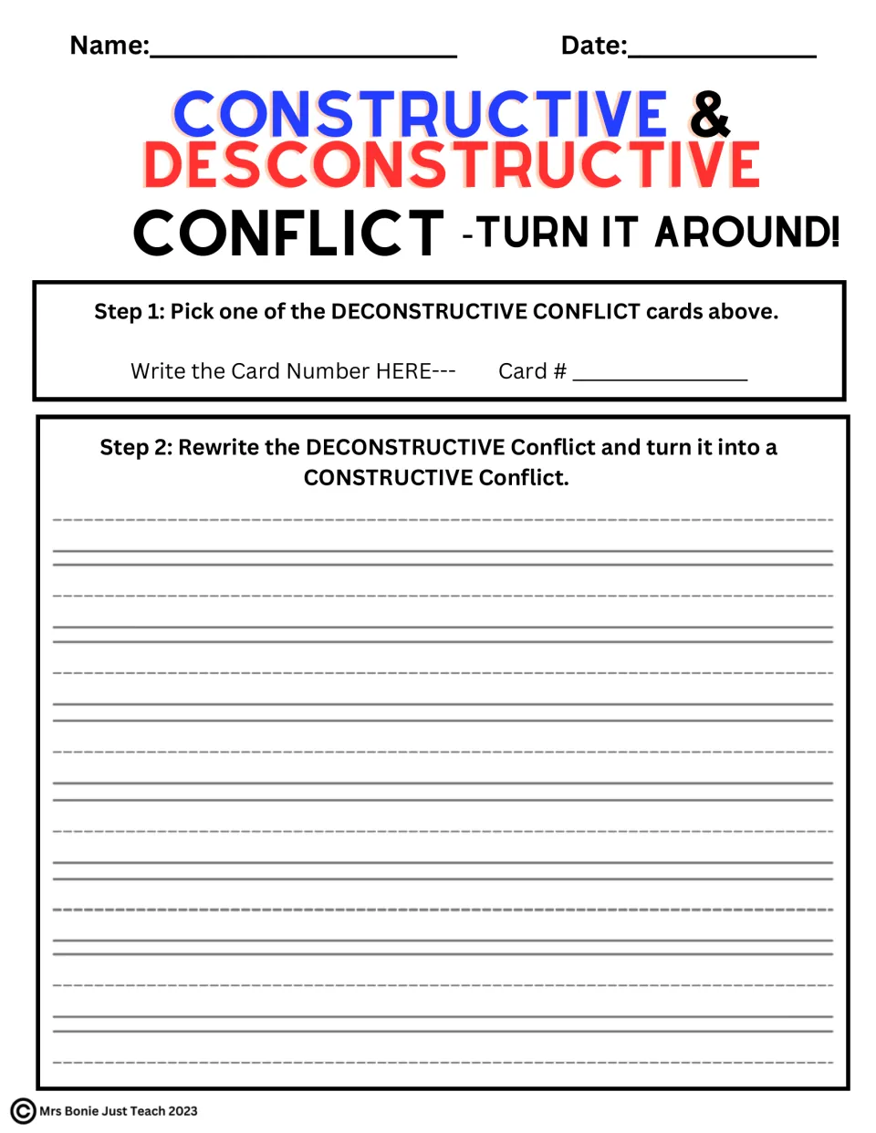 Turn It Around writing page: students pick a deconstructive conflict card and rewrite the story so it becomes constructive