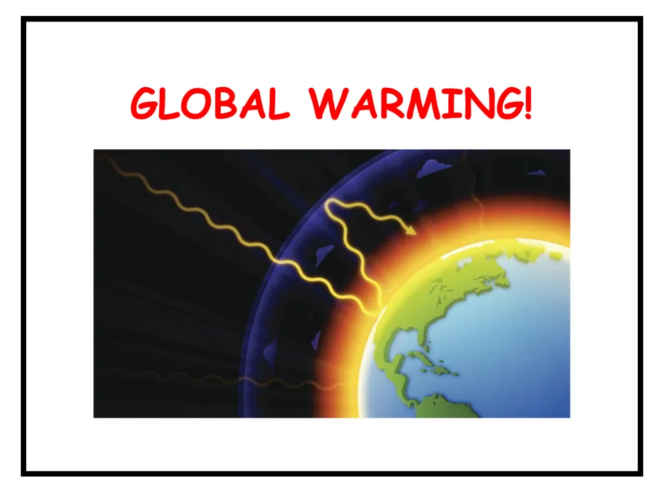 Global Warming! title slide showing wavy sunlight rays reaching a glowing Earth through its atmosphere layer