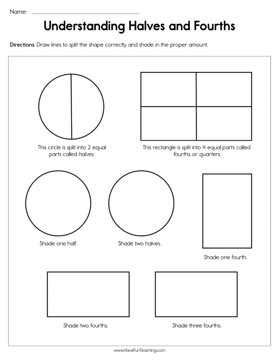 Partitioning shapes: students draw lines to split circles and rectangles into halves or fourths, then shade each amount