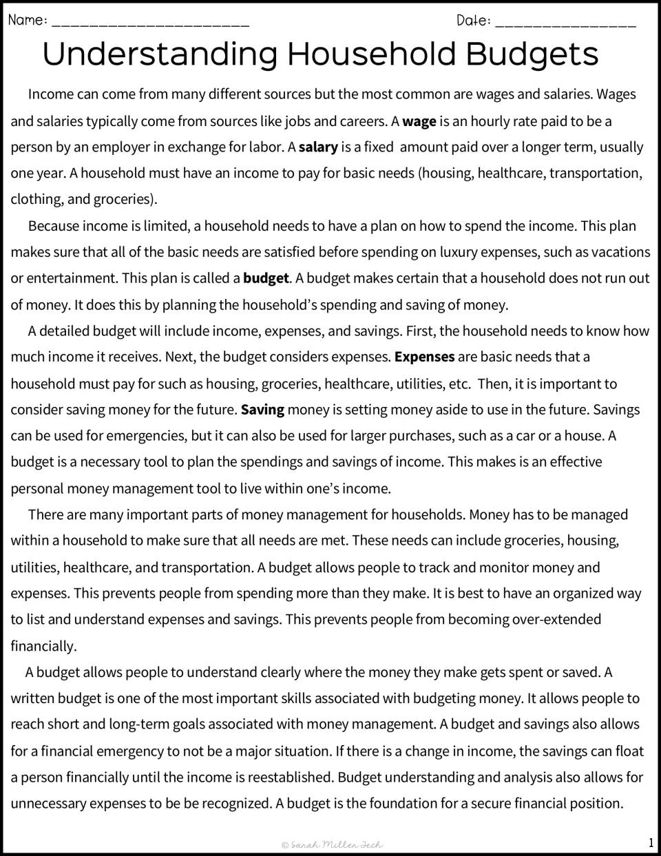 Reading passage on household budgets explaining wages, salaries, expenses, saving and why a budget prevents overspending