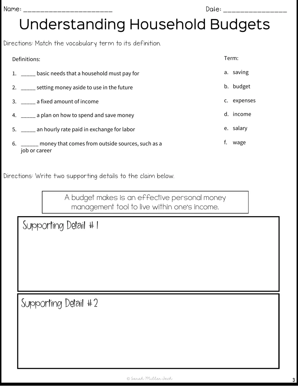 Budget vocabulary: students match six definitions to terms like wage, salary and income, then give two details for a claim