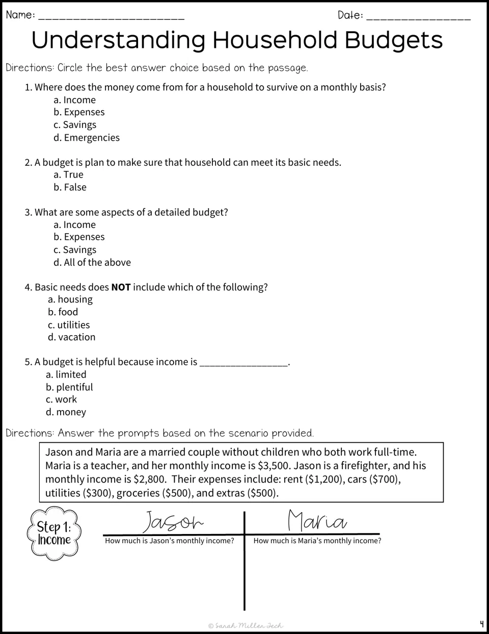 Budget quiz: students answer five multiple-choice questions on the passage, then find a couple's monthly incomes in Step 1