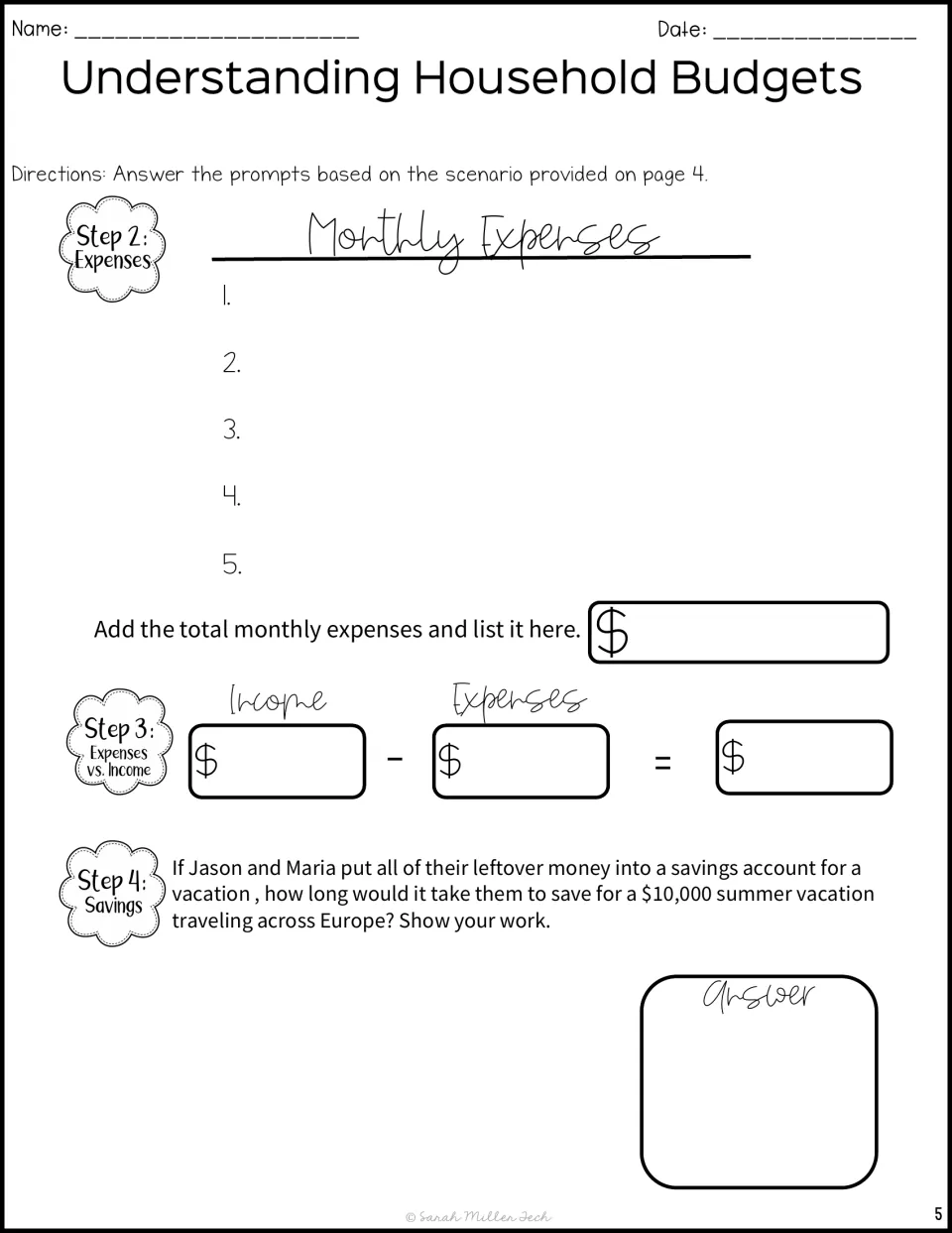 Budget math for Jason and Maria: list and total five expenses, subtract from income, then find time to save $10,000