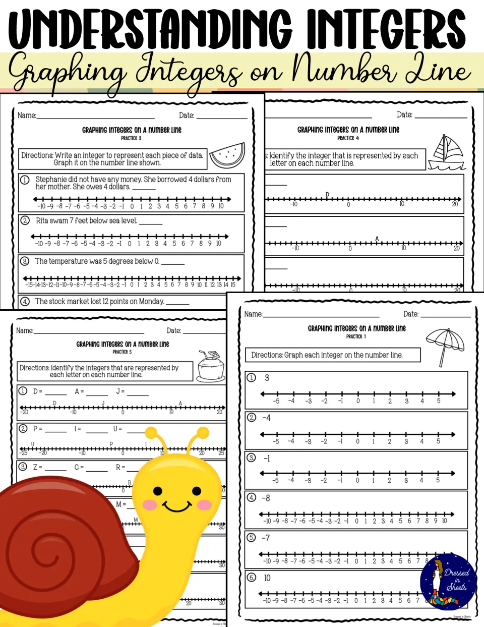 Understanding Integers cover: graphing integers on a number line, showing previews of five practice worksheets