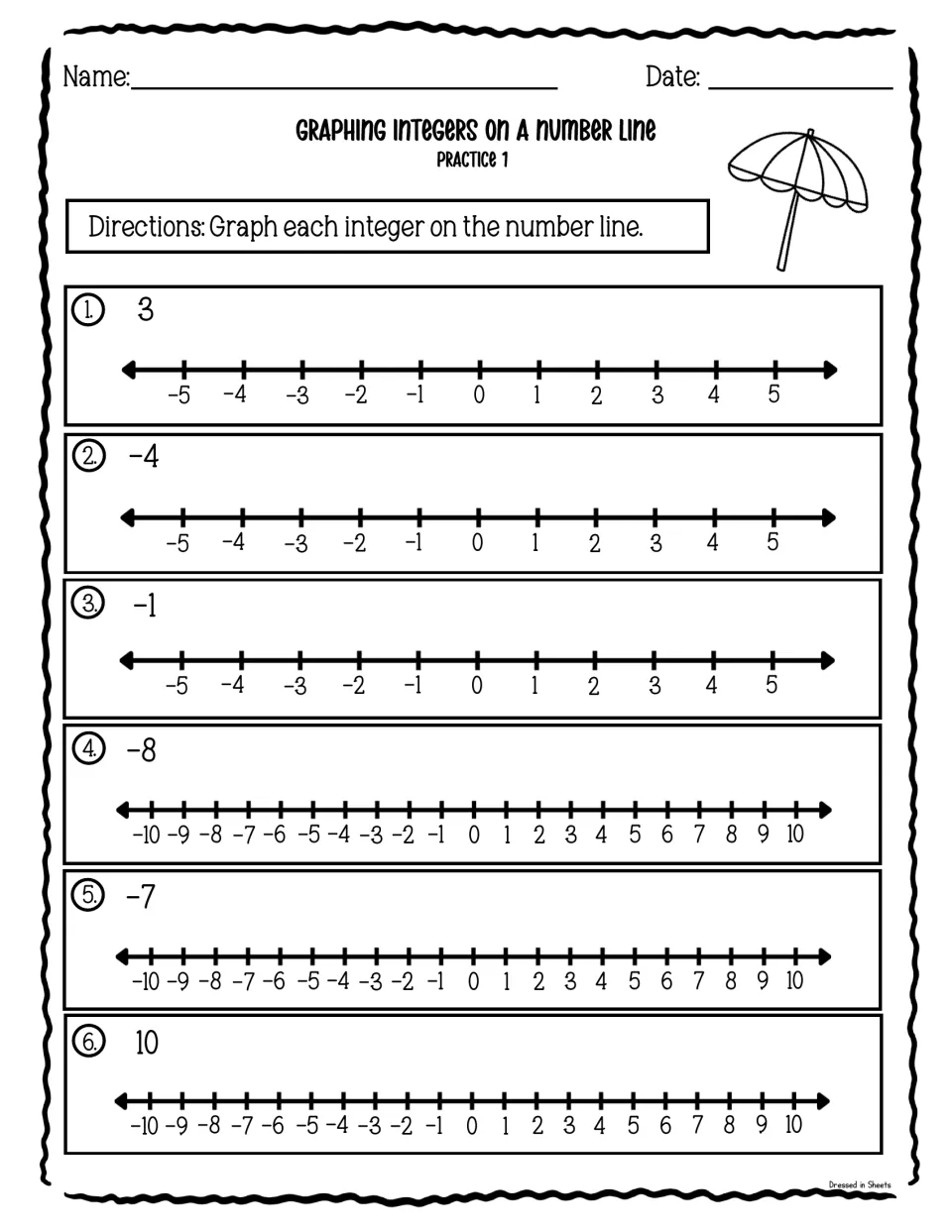 Graphing integers, Practice 1: students plot single integers such as 3, -4 and -8 on number lines from -5 to 5 and -10 to 10