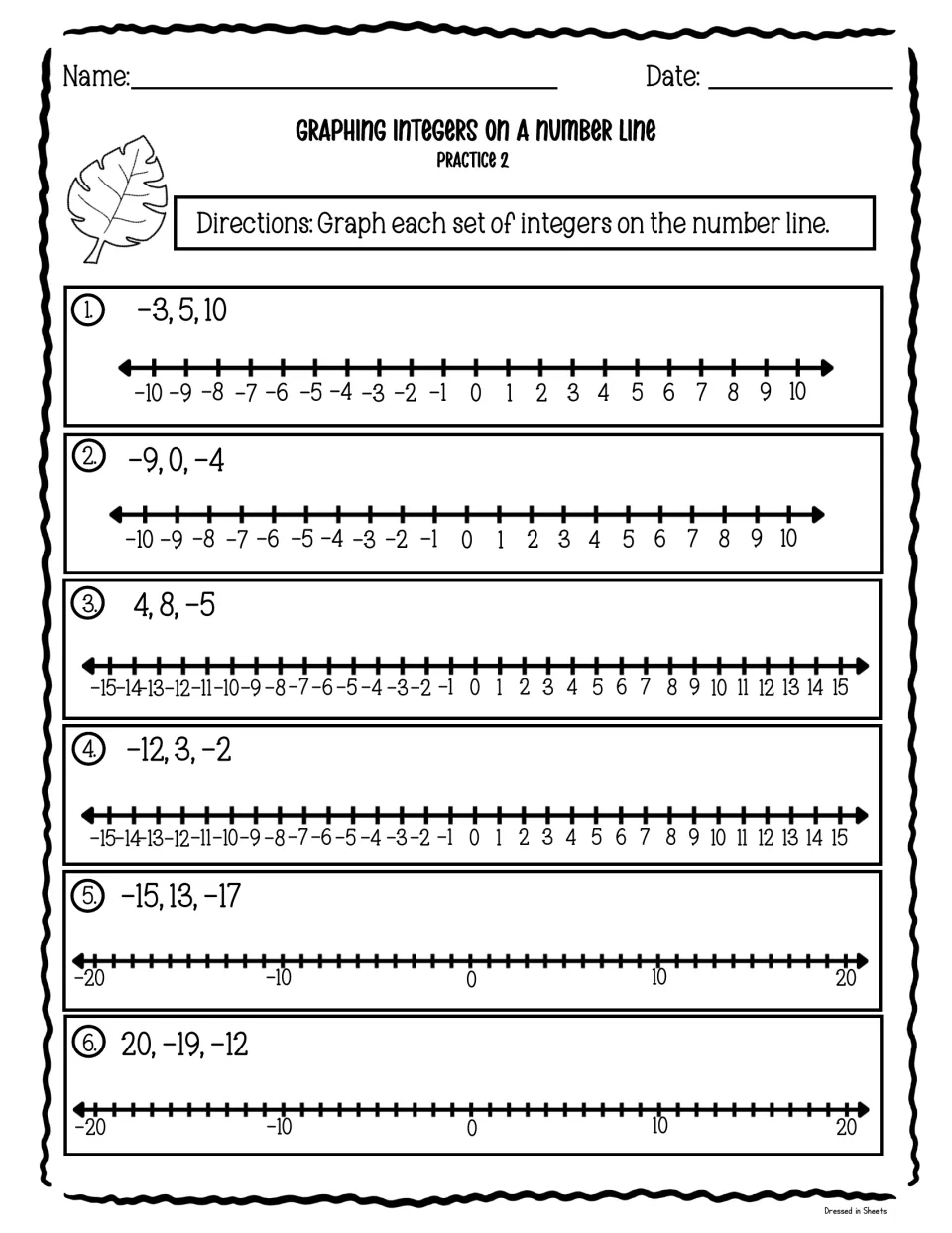 Graphing sets of integers, Practice 2: students plot three integers per line, e.g. -3, 5 and 10, on scales up to ±20