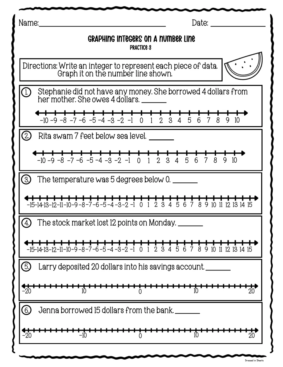 Integer word problems, Practice 3: students write integers for debt, depth below sea level and temperature, then graph each
