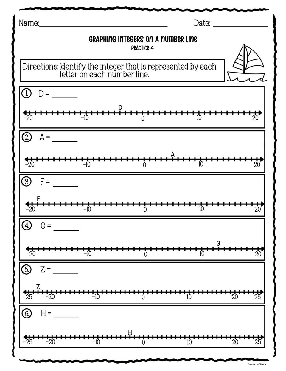 Reading integers on a number line, Practice 4: students name the integer each letter marks, on scales of ±20 and ±25