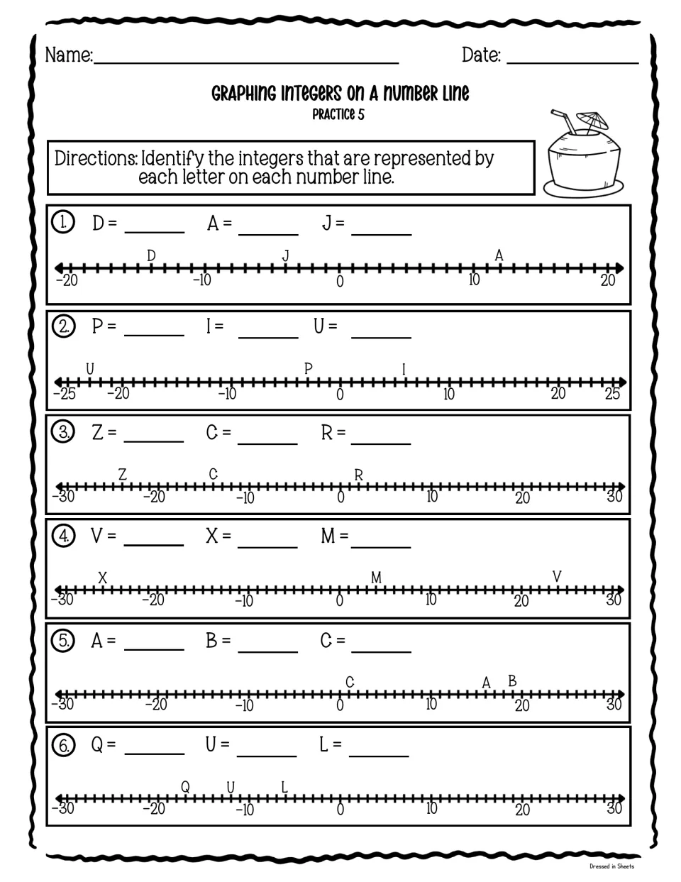 Reading several points, Practice 5: students identify three lettered integers on each number line, with scales up to ±30