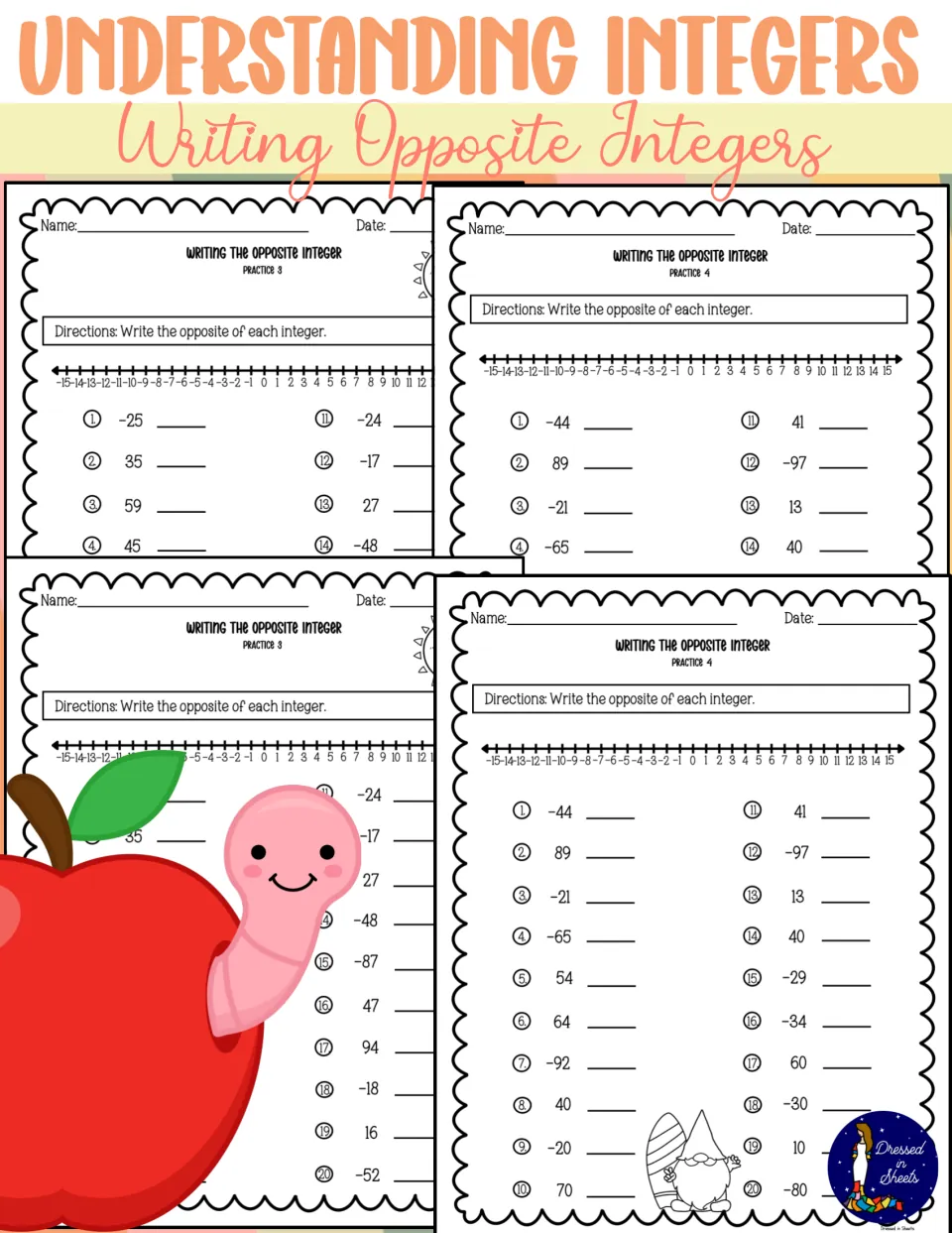 Understanding Integers: Writing Opposite Integers cover showing four practice sheets with number lines and integer items