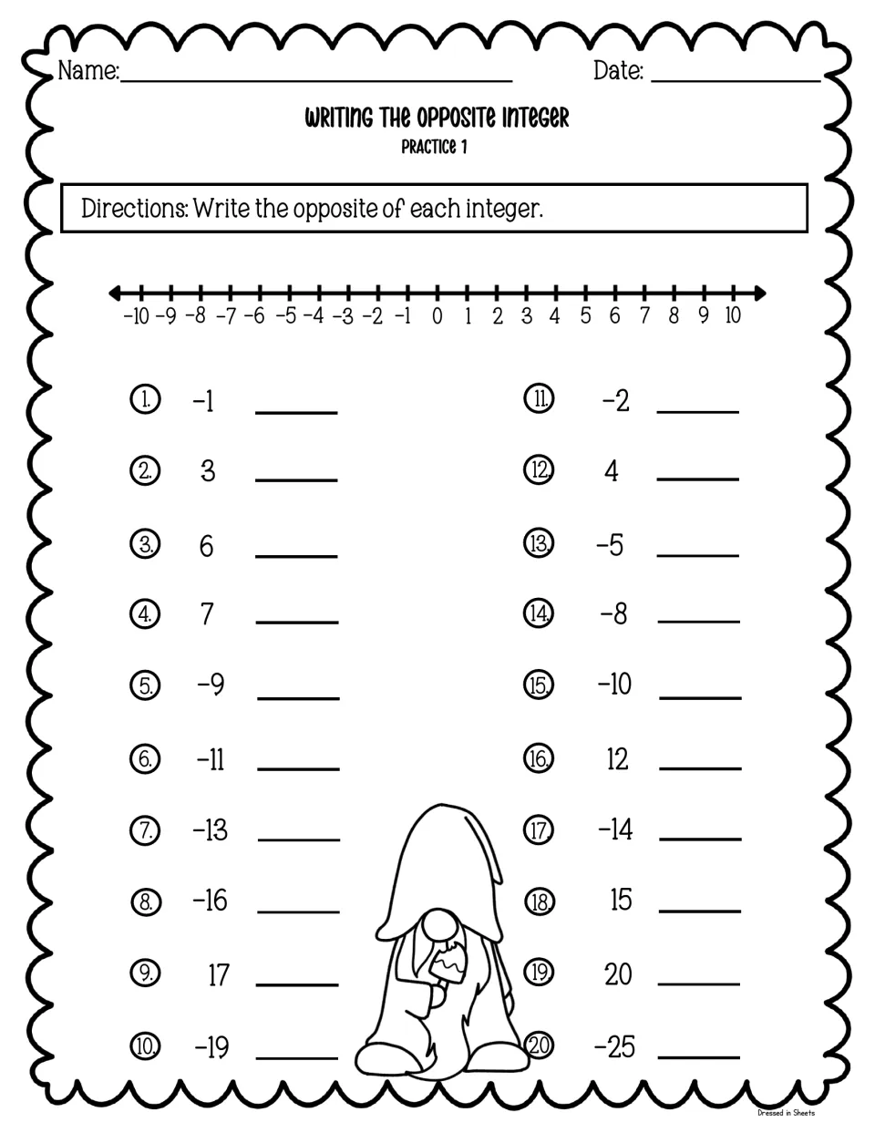 Opposite integers, Practice 1: students use a -10 to 10 number line to write the opposite of 20 integers such as -1 and -25