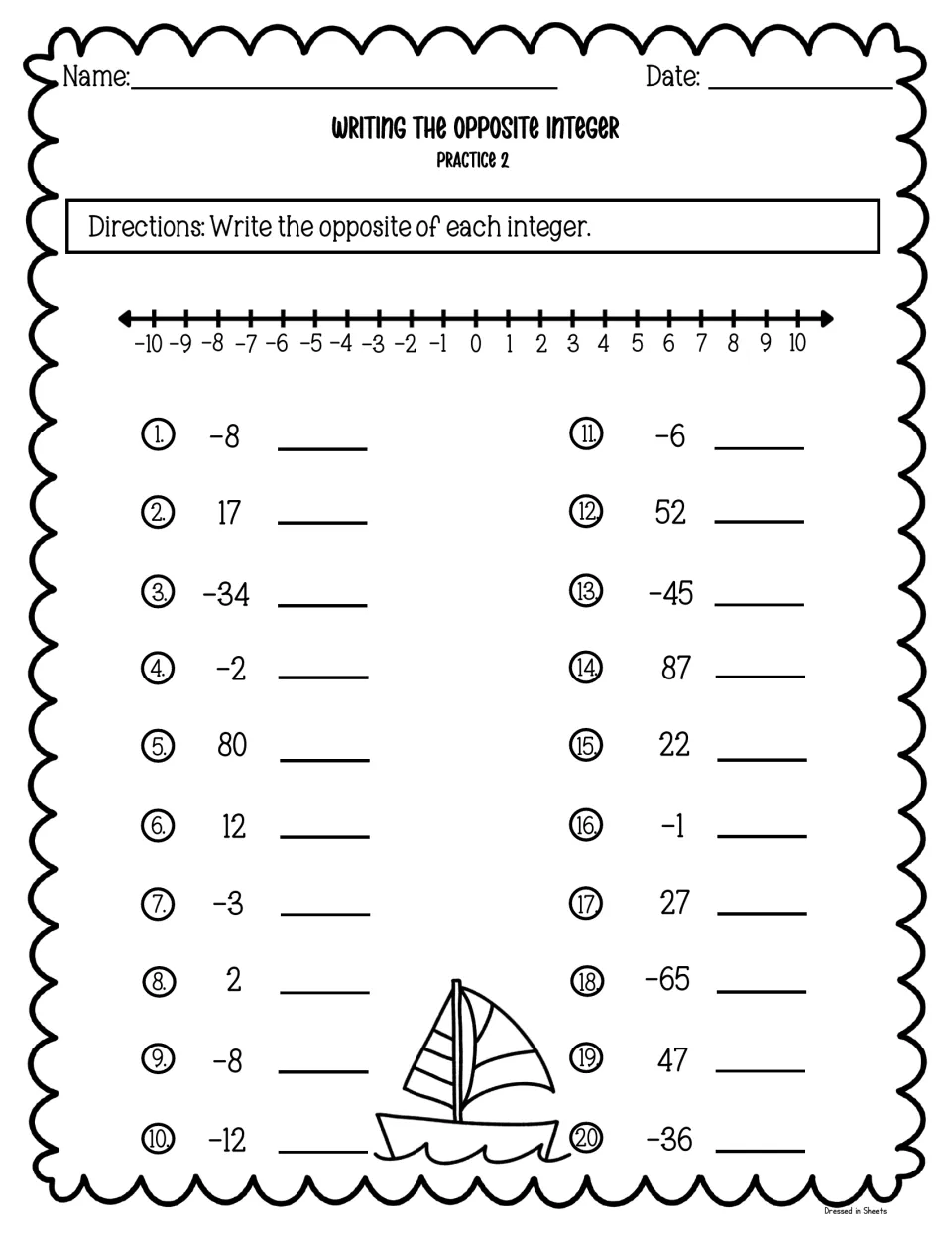 Opposite integers, Practice 2: students write the opposite of 20 integers like -8, 17 and 87 using a -10 to 10 number line