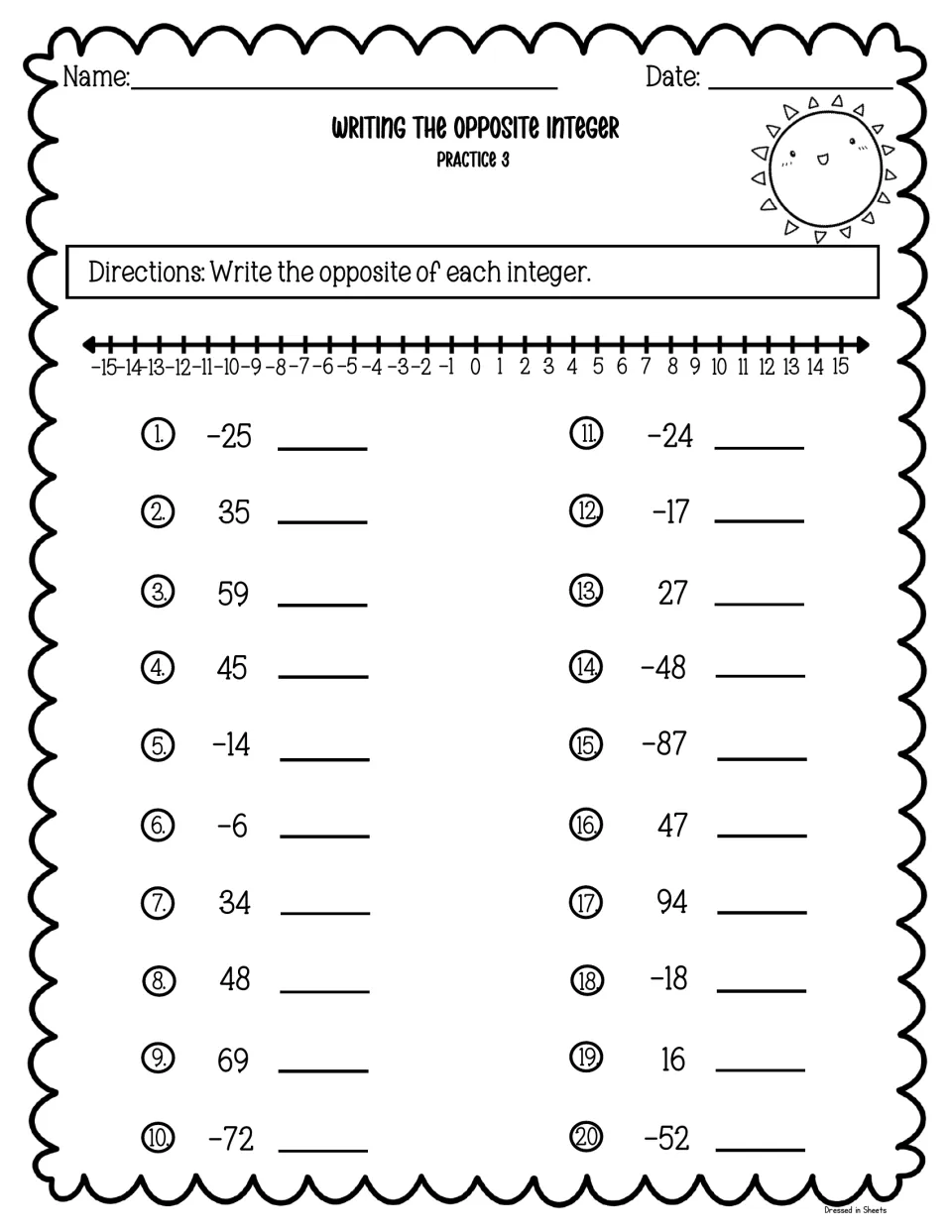 Opposite integers, Practice 3: students write the opposite of 20 integers like -25, 59 and -87 with a -15 to 15 number line