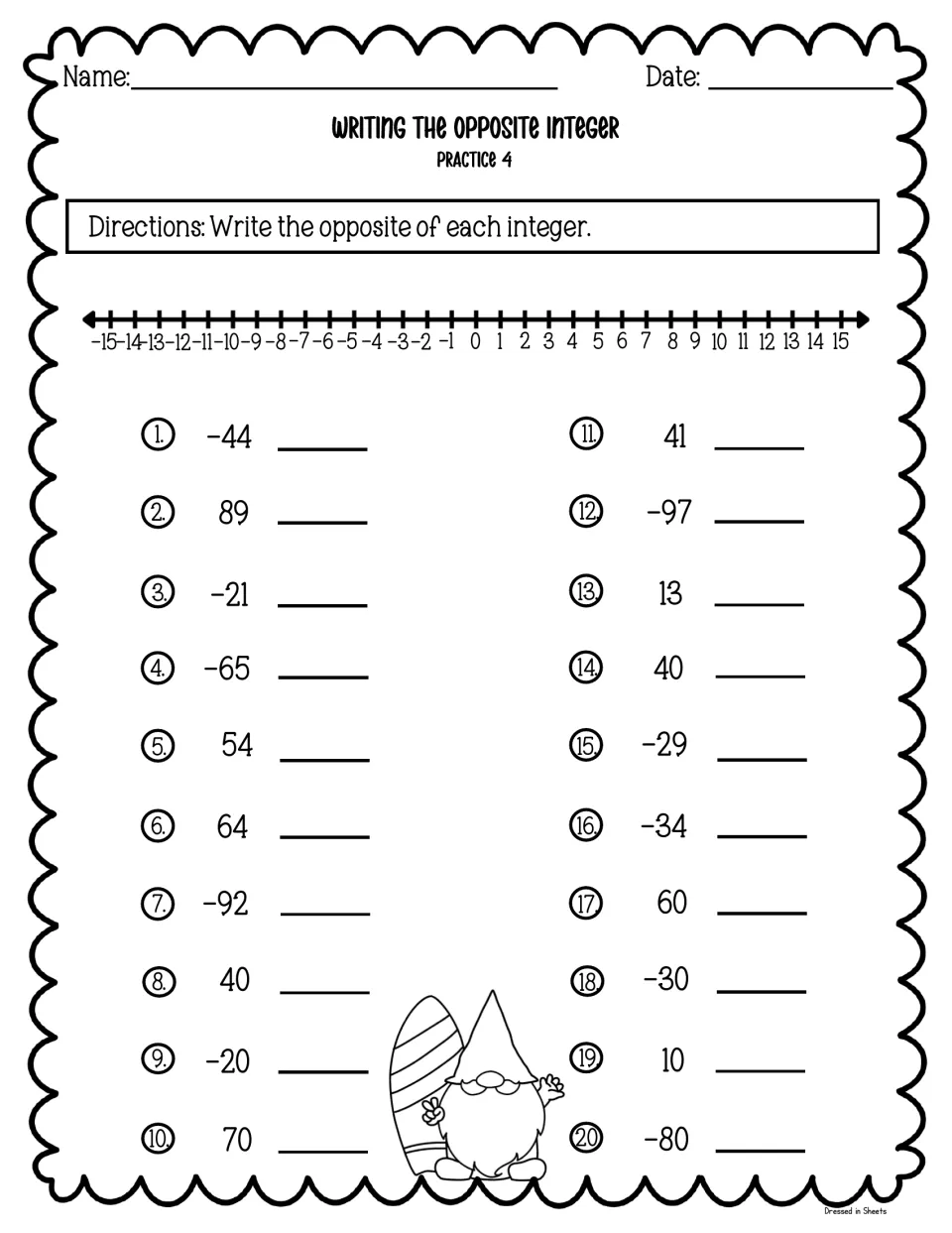 Opposite integers, Practice 4: students write the opposite of 20 integers like -44, 89 and -97 with a -15 to 15 number line