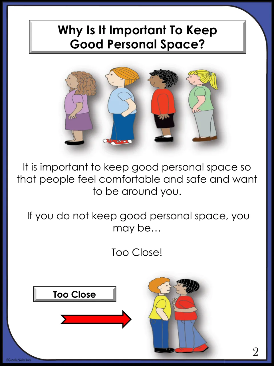 Why keep good personal space: story page on helping people feel safe, with a line of kids and a Too Close example