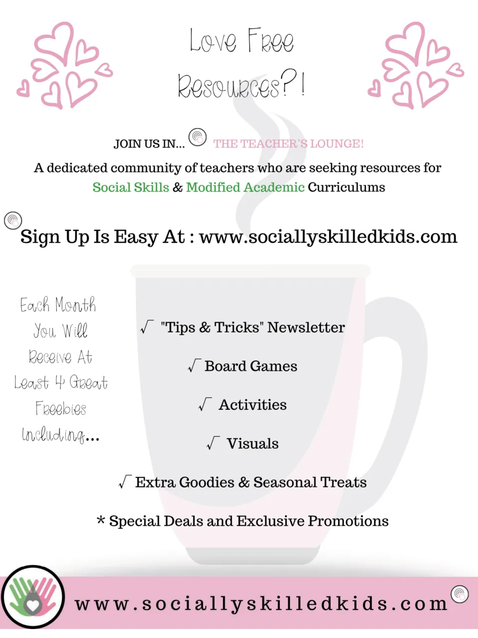 Love Free Resources? flyer inviting teachers to join The Teacher's Lounge for monthly freebies, newsletter and board games