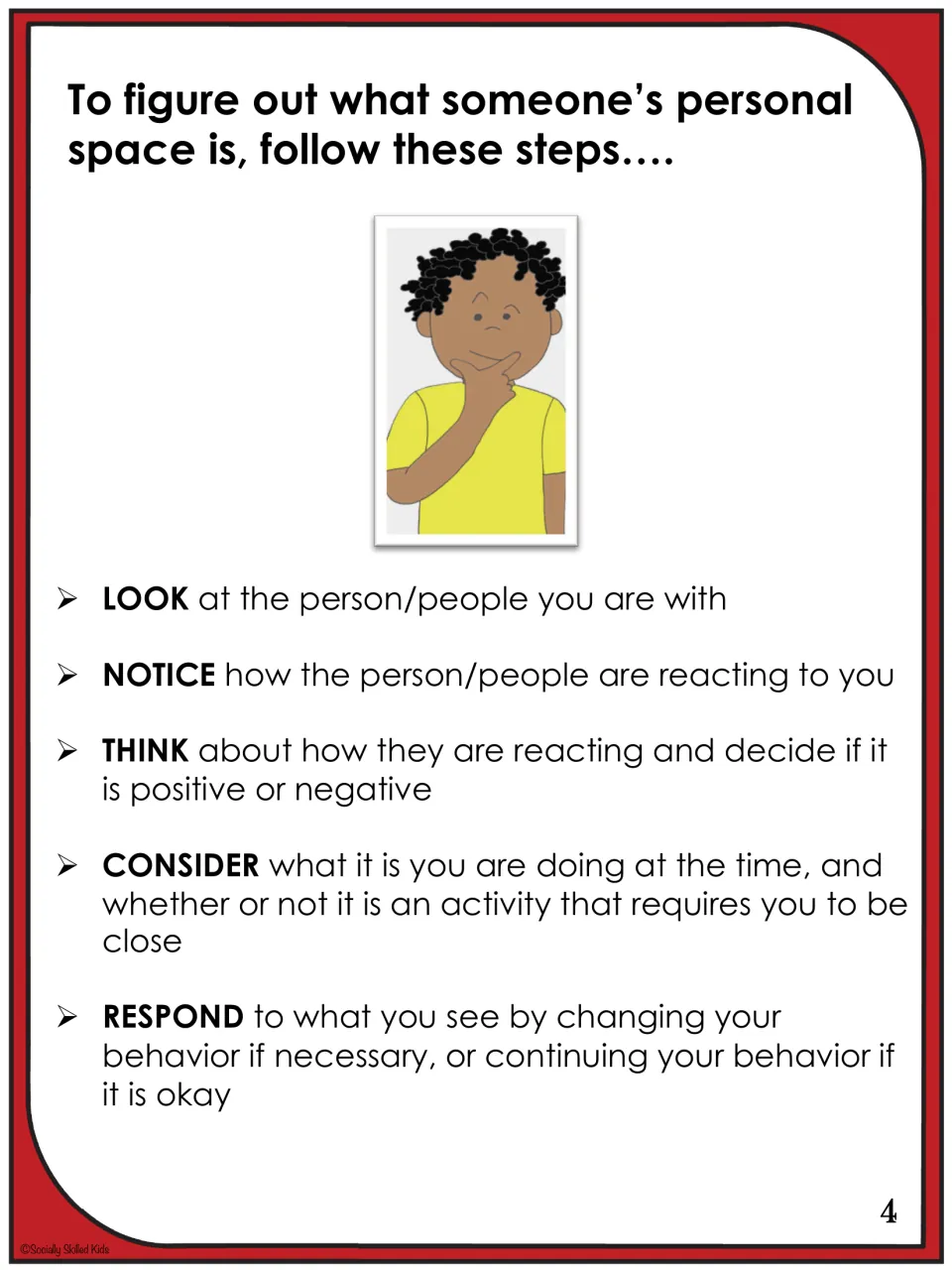 Steps to figure out someone's personal space: Look, Notice, Think, Consider and Respond, beside a thinking child