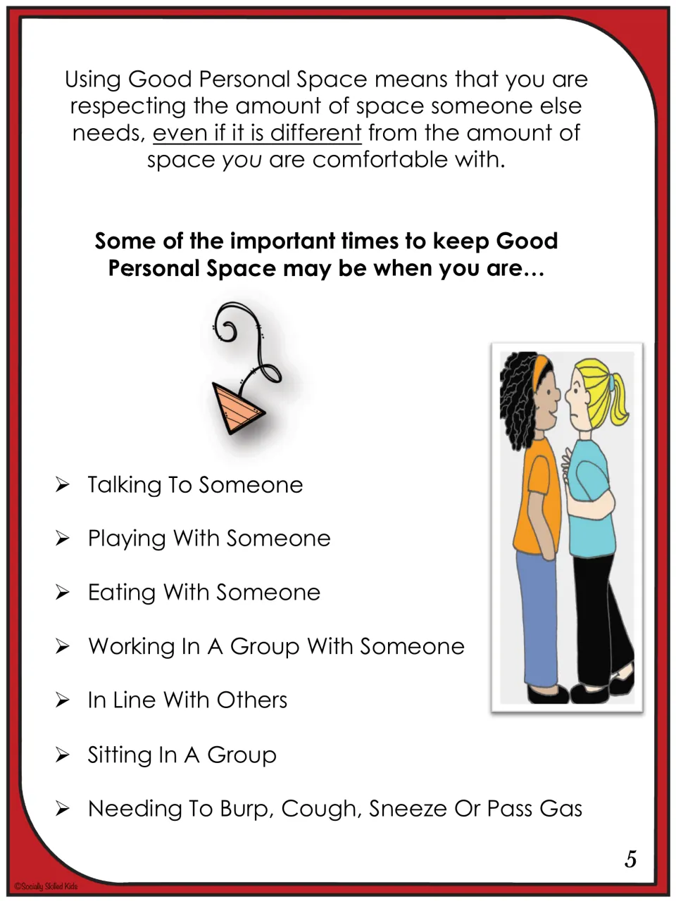 Times to keep good personal space: talking, playing, eating, group work, in line, sitting in a group, and needing to sneeze