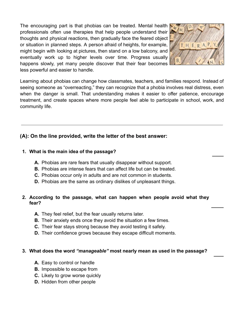 Reading passage conclusion covers treatment and empathy, followed by multiple-choice questions 1–3.