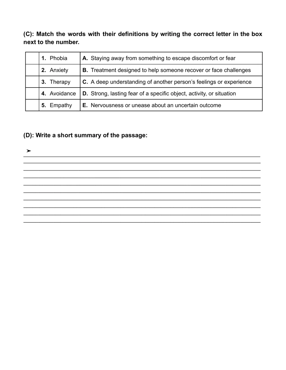 Phobias vocabulary practice matches five terms to definitions, followed by a passage summary prompt.