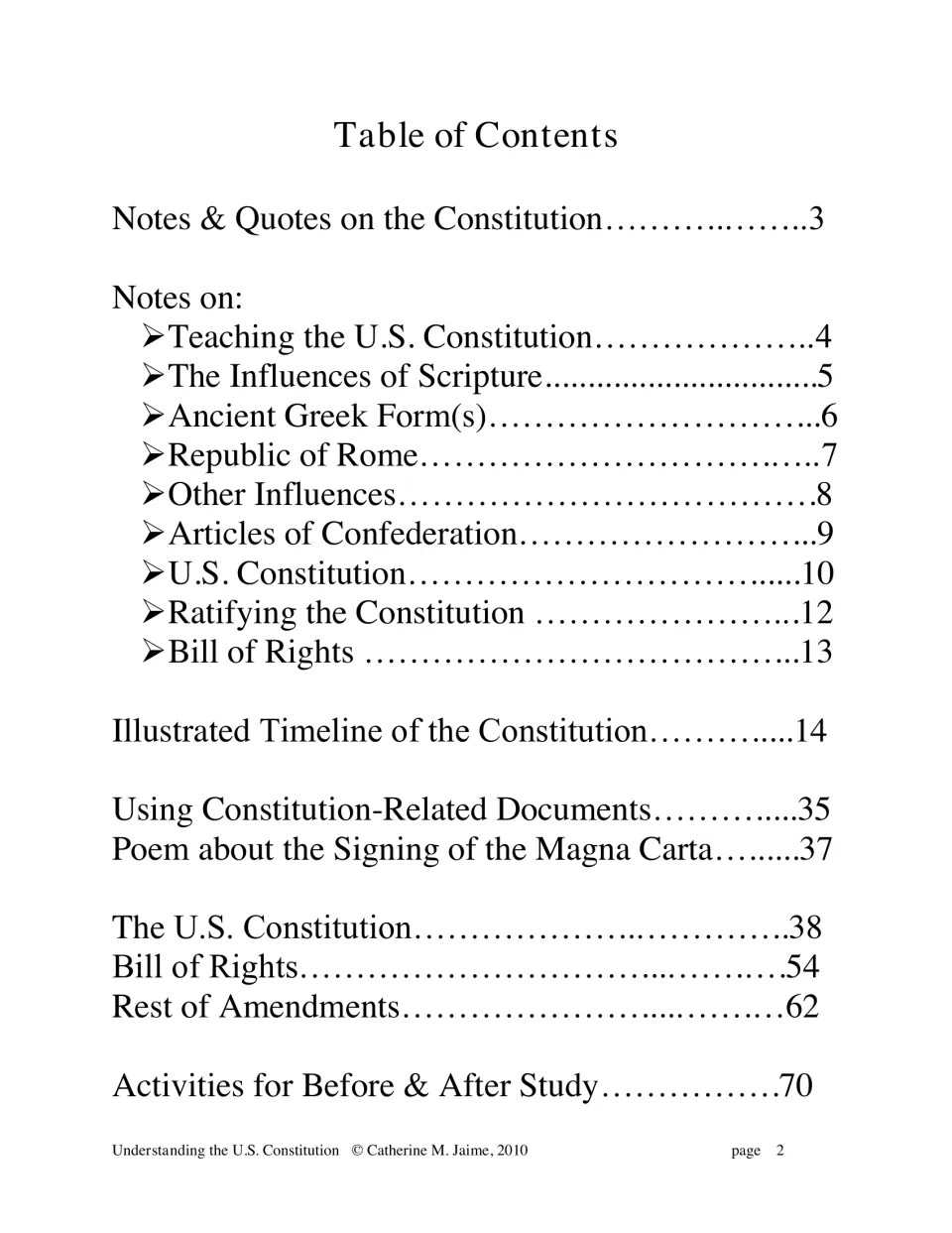Contents page listing Constitution notes, an illustrated timeline, constitutional texts, and study activities