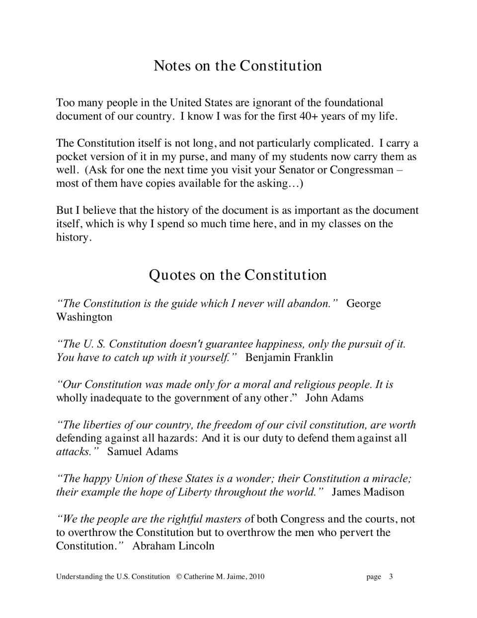 Introductory Constitution notes explain the focus on history and present six quotations about the document