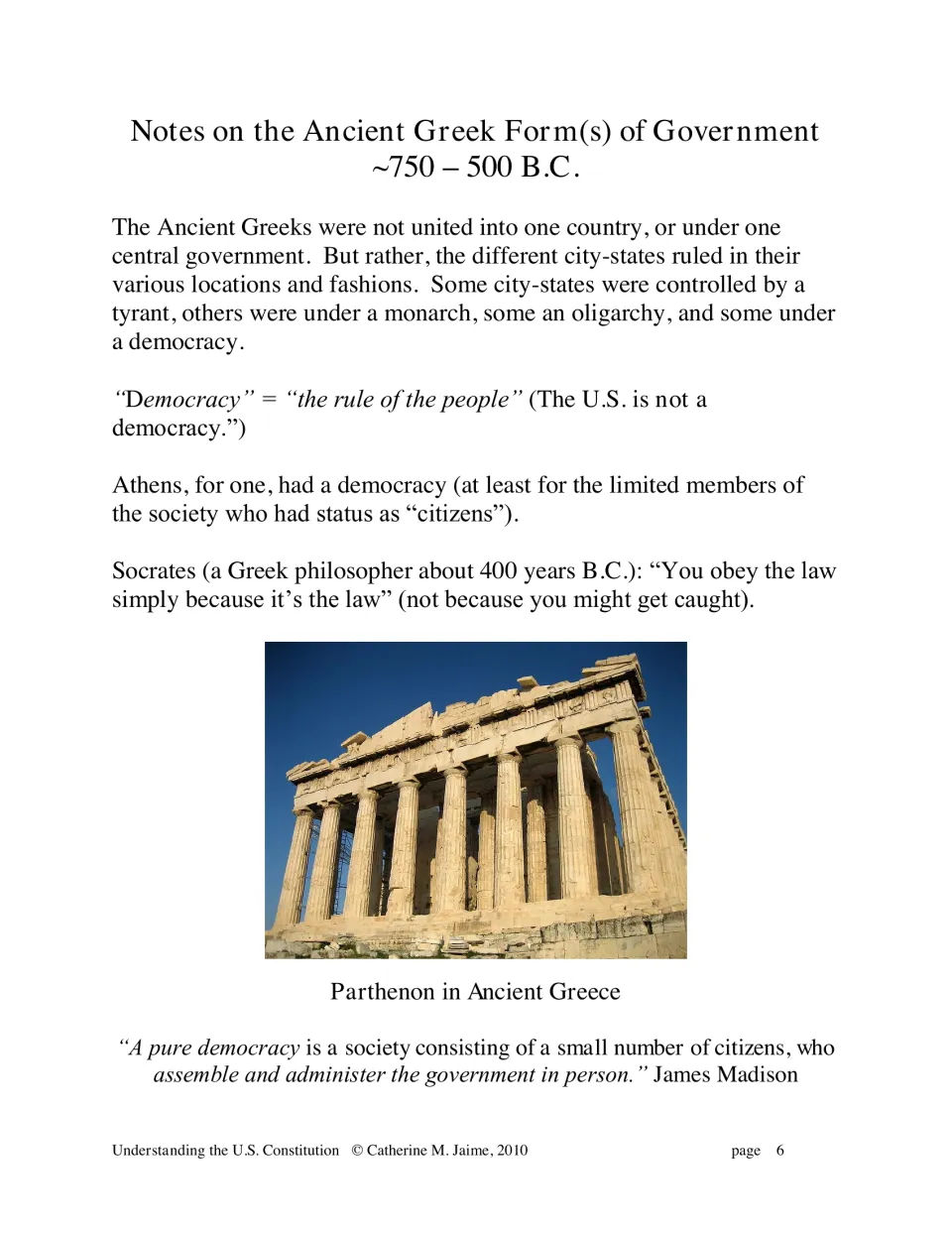 Ancient Greek government notes describe city-states, define democracy, and include a Parthenon photograph