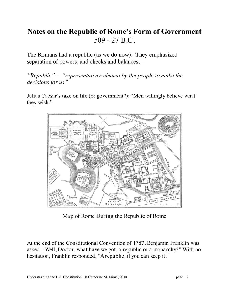 Roman Republic notes define republic, introduce separation of powers and checks and balances, and map Rome