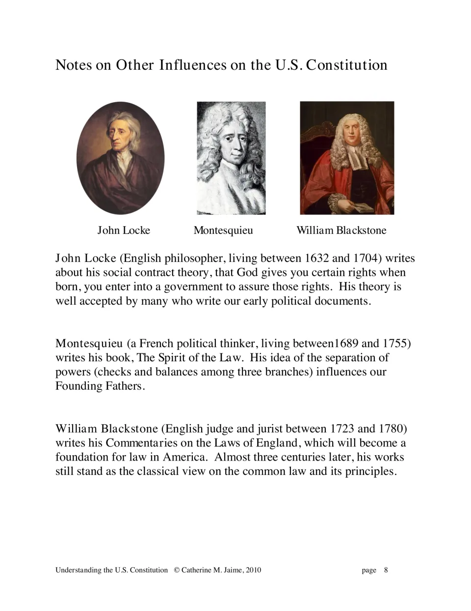 Constitution background notes explain the influences of John Locke, Montesquieu, and William Blackstone