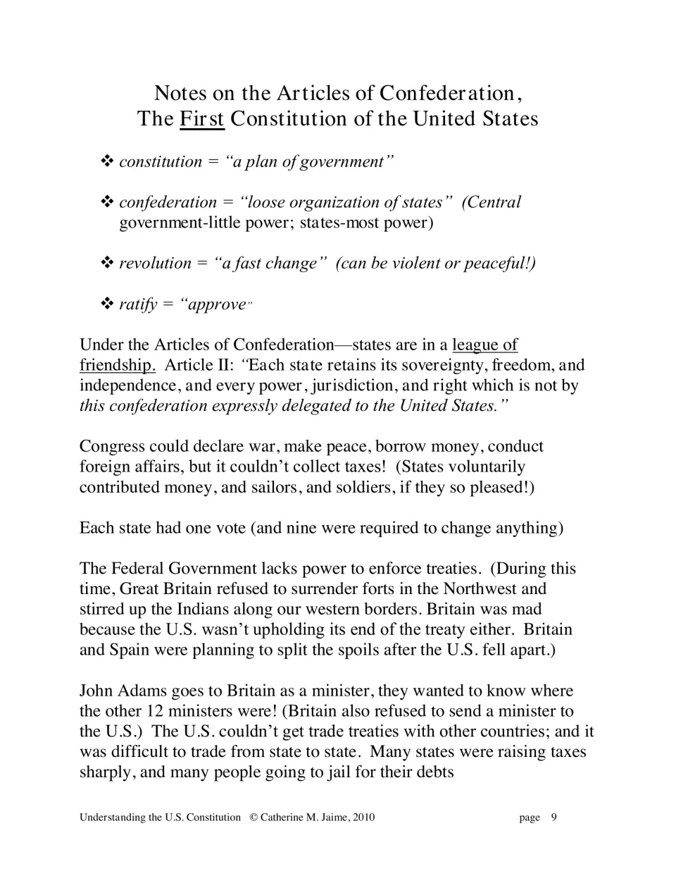 Articles of Confederation notes define four terms and describe congressional powers and government weaknesses