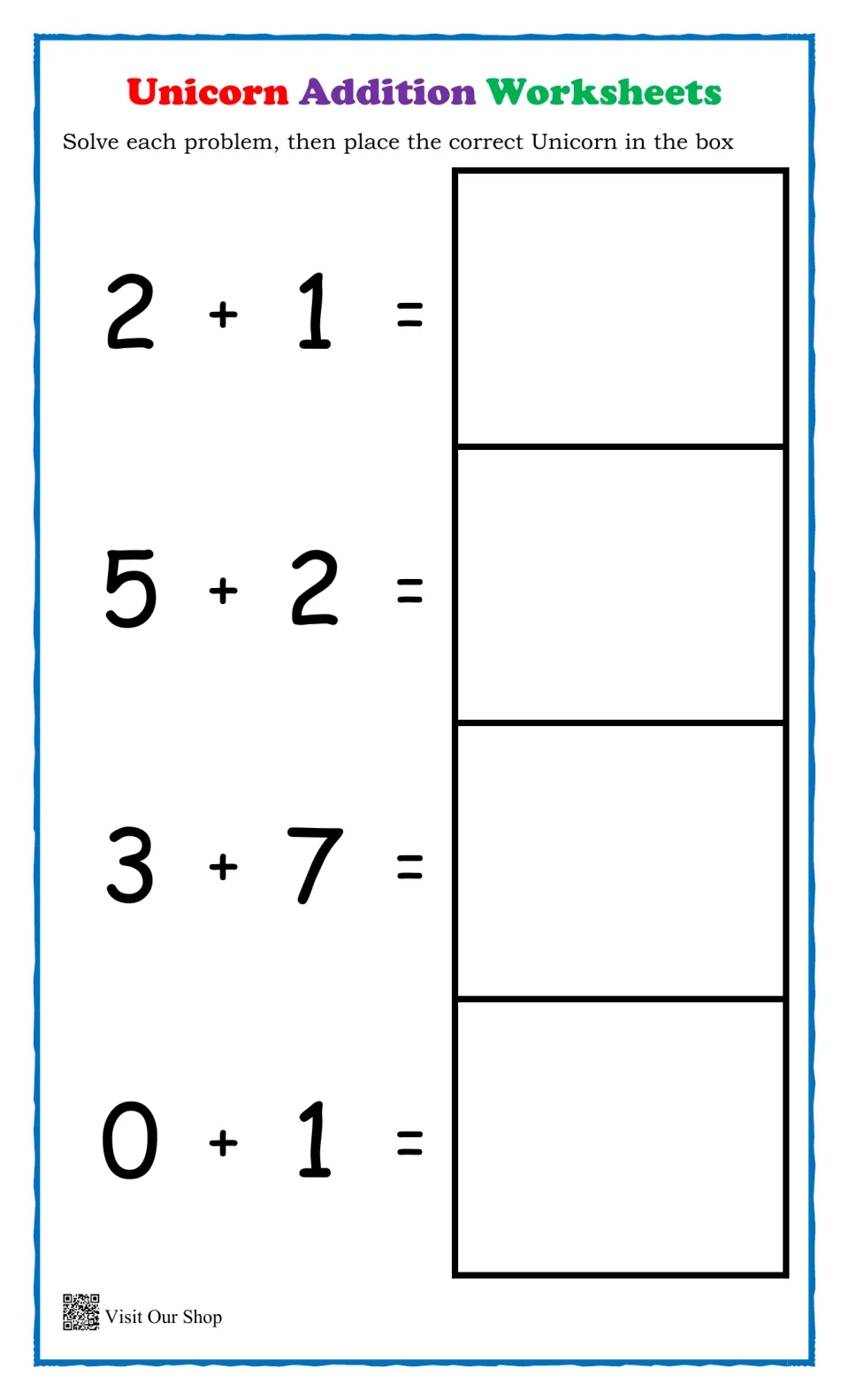 Unicorn addition: students solve 2+1, 5+2, 3+7 and 0+1, then place the unicorn card showing each sum in its box