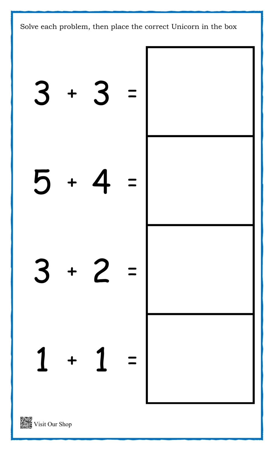 Adding within 10: students solve 3+3, 5+4, 3+2 and 1+1 and match each answer to a numbered unicorn card