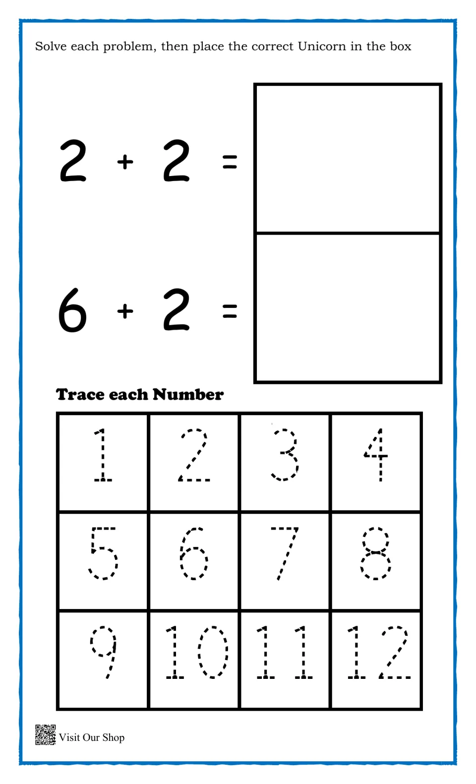Addition and number tracing: students solve 2+2 and 6+2 with unicorn cards, then trace the dotted numbers 1 to 12