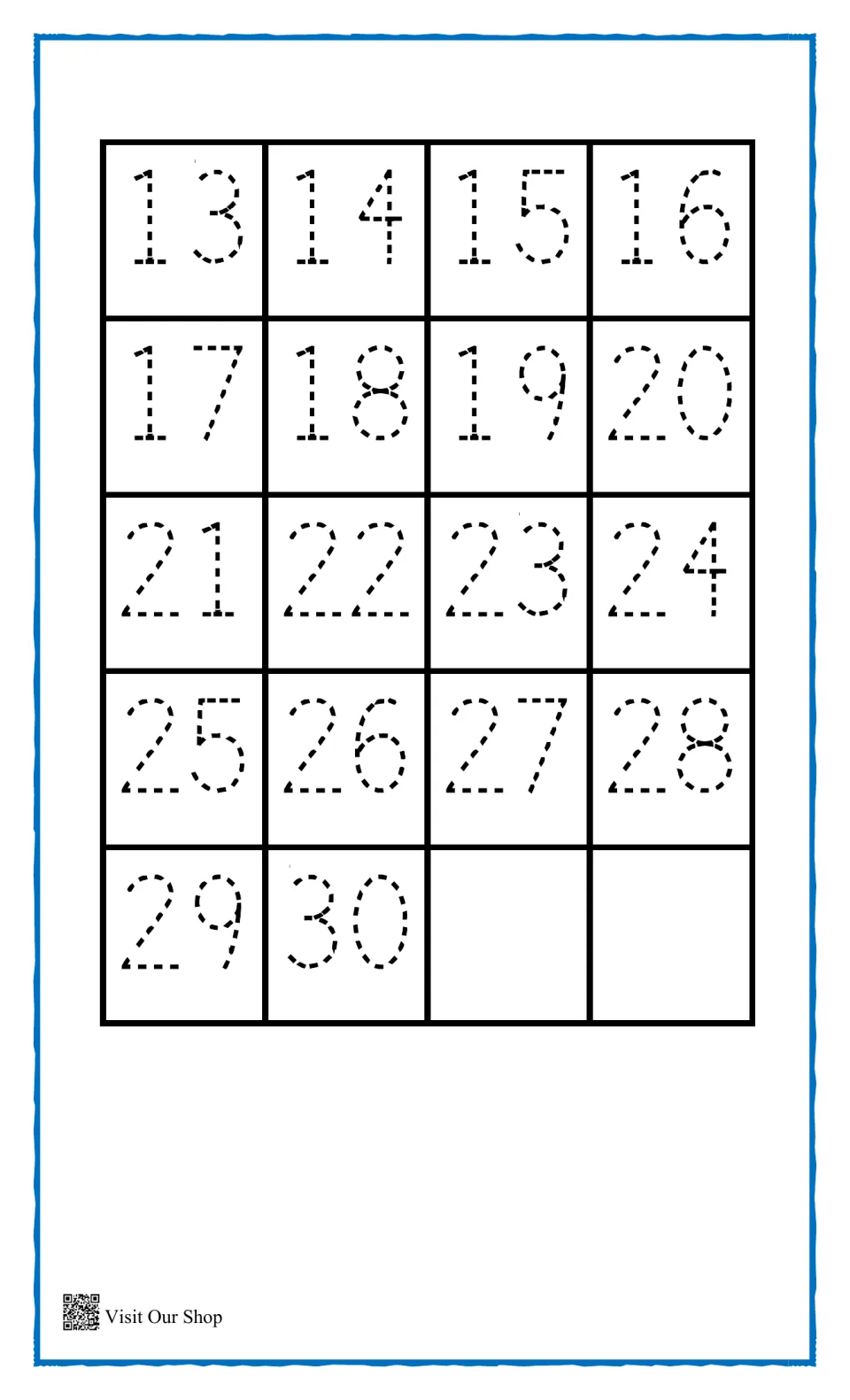 Number tracing continued: students trace dotted numerals 13 through 30 to practise writing two-digit numbers
