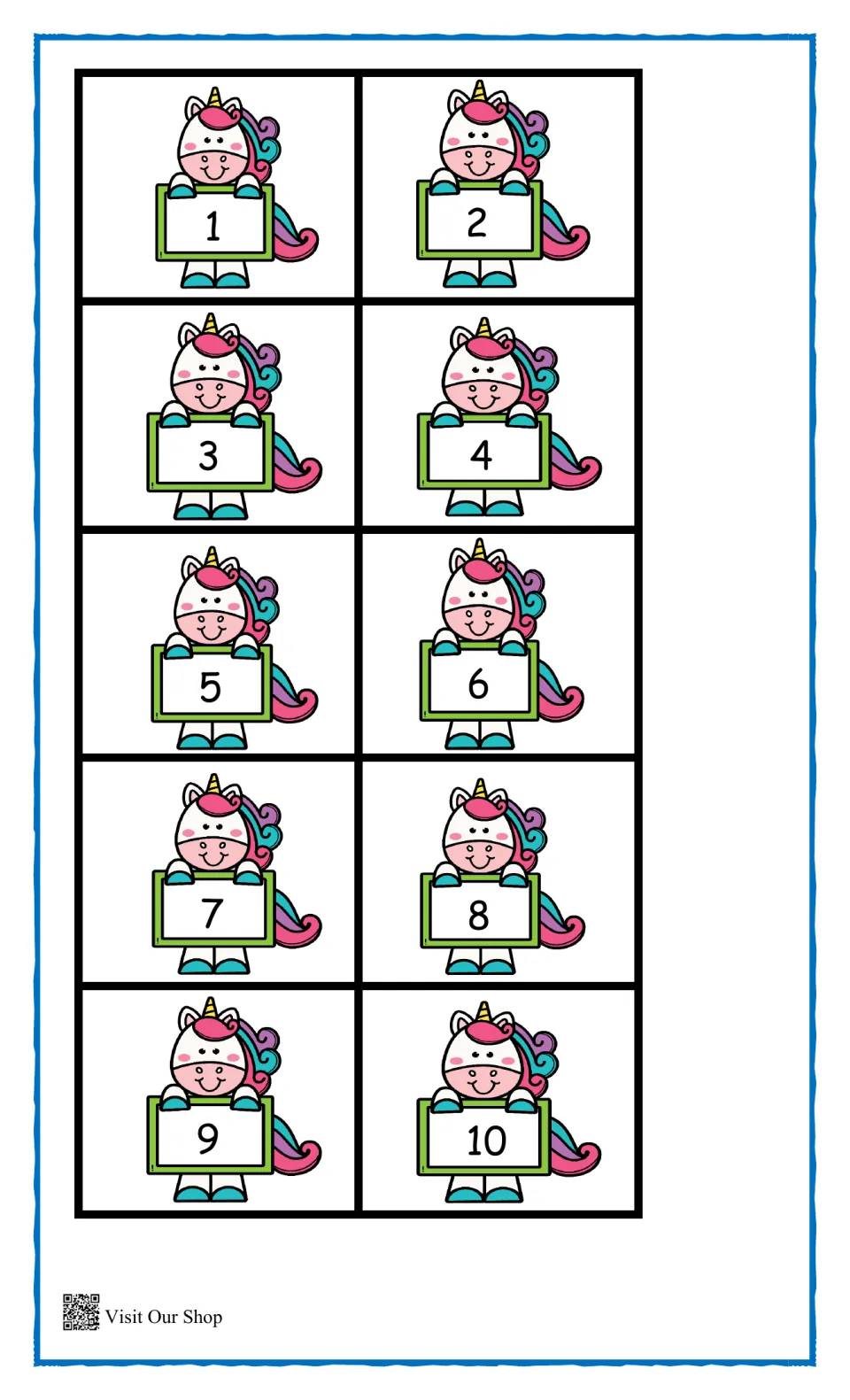 Unicorn number cards: ten cut-out cards of a smiling unicorn holding a sign numbered 1 through 10 for matching sums