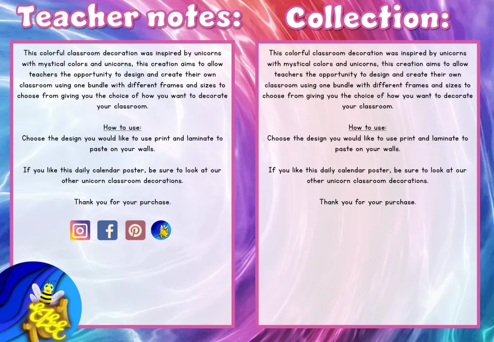 Teacher notes for the calendar posters explain choosing a design, printing, laminating, and displaying it on walls