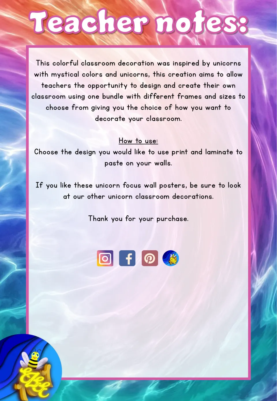Teacher notes on the unicorn-themed decorations: how to use them by choosing a design, then printing and laminating it