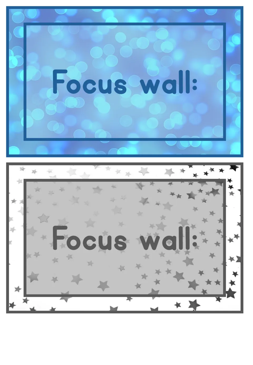 Two Focus wall: header signs, one on blue bokeh lights and one on a gray star background, for titling the display