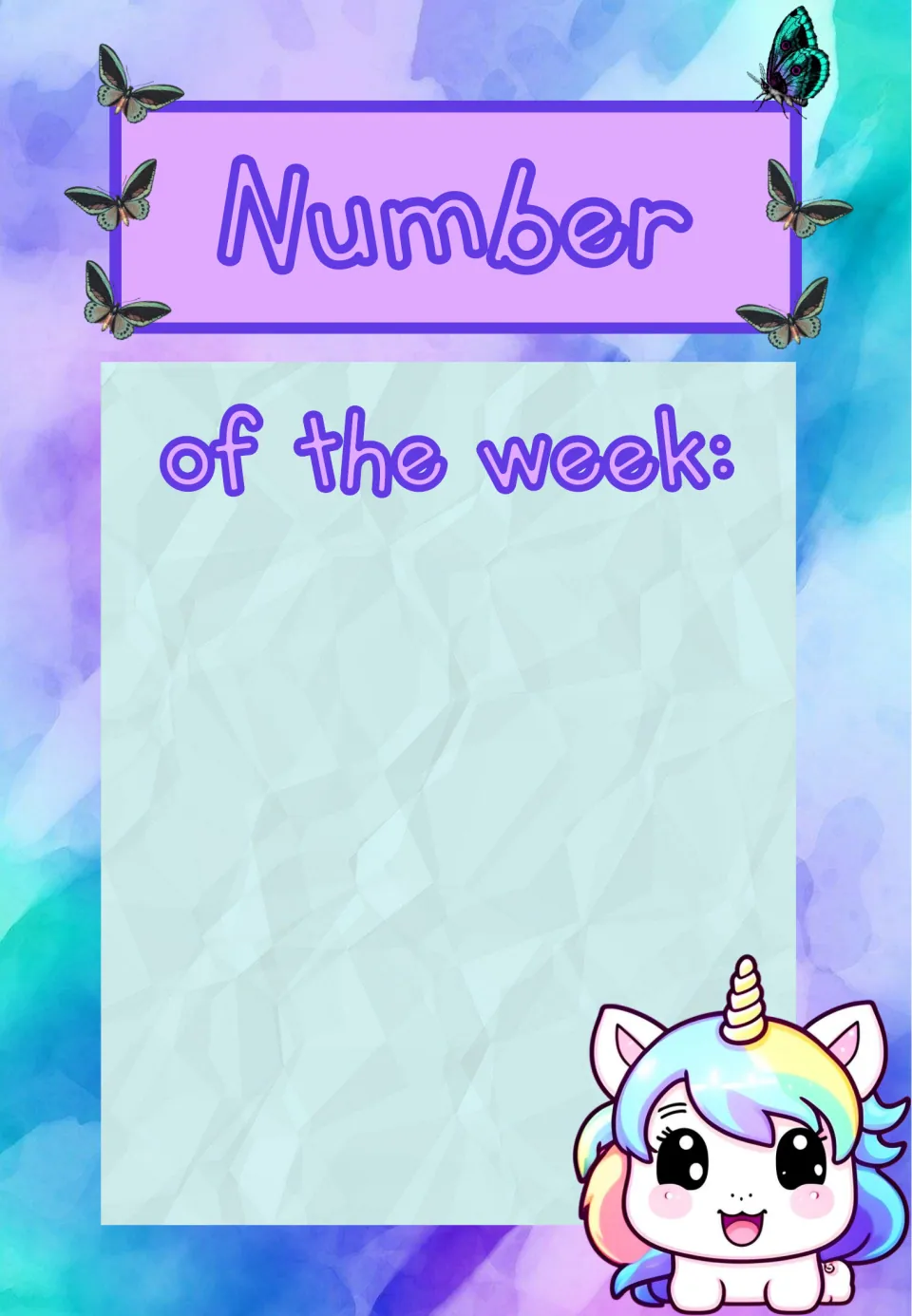 Number of the week poster with butterflies and a smiling unicorn, leaving space to show the number the class is studying