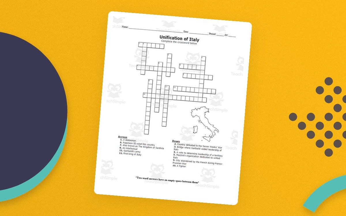 Unification of Italy Crossword Puzzle cover with the resource title.